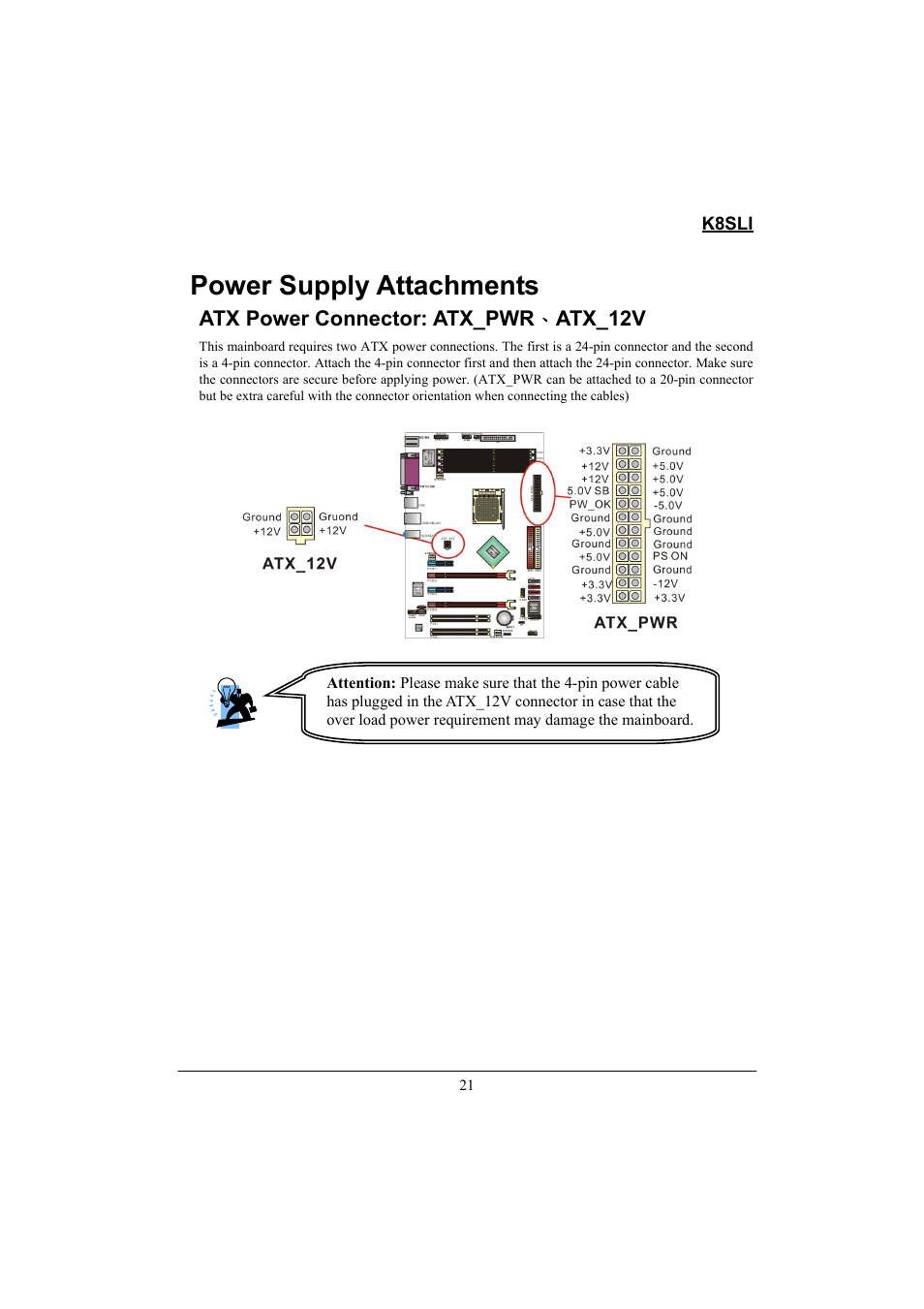 Power supply attachments, Atx power connector: atx_pwr 、 atx_12v | Lok8u K8SLI User Manual | Page 27 / 62