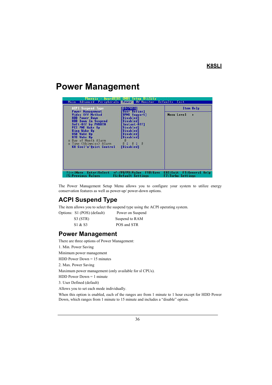 Power management, Acpi suspend type, K8sli | Lok8u K8SLI User Manual | Page 42 / 62