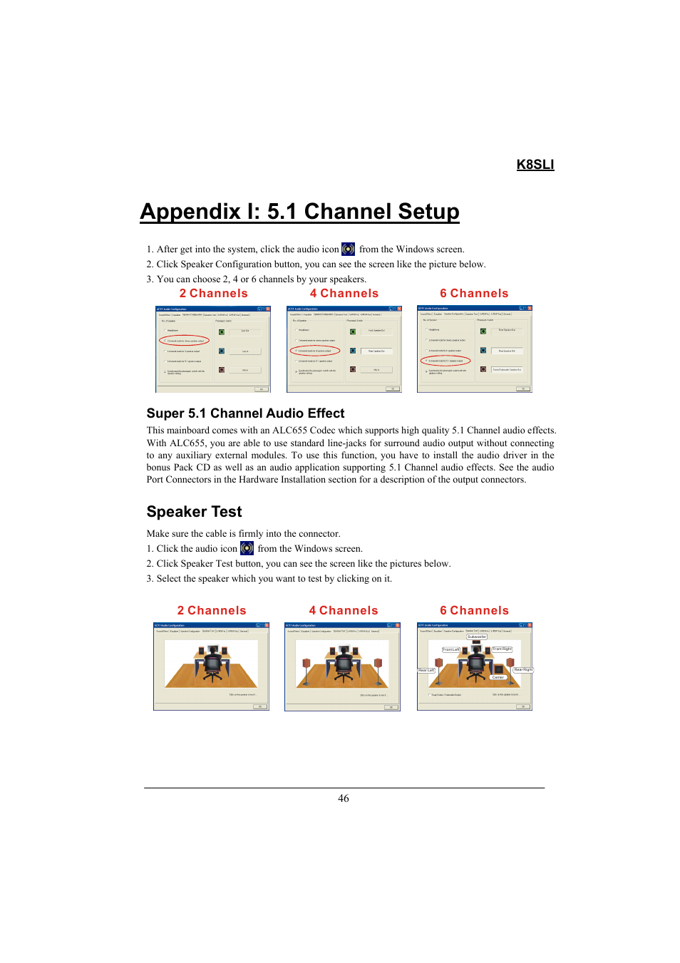 Appendix i: 5.1 channel setup, Speaker test, K8sli | Super 5.1 channel audio effect | Lok8u K8SLI User Manual | Page 52 / 62