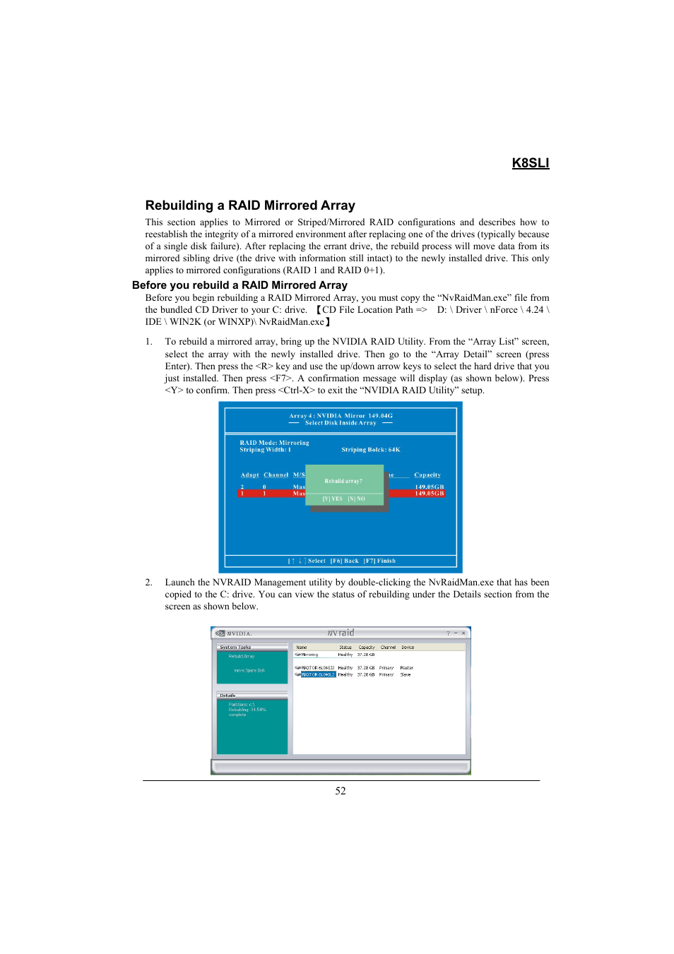 K8sli, Rebuilding a raid mirrored array | Lok8u K8SLI User Manual | Page 58 / 62