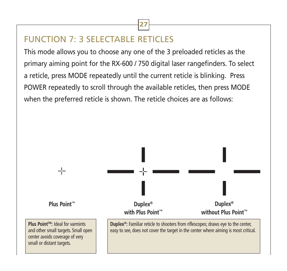Function 7: 3 selectable reticles, Duplex, With plus point | Plus point, Without plus point | Leupold RX-600 Series User Manual | Page 30 / 35