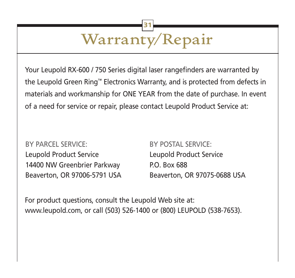 Warranty/repair | Leupold RX-600 Series User Manual | Page 34 / 35