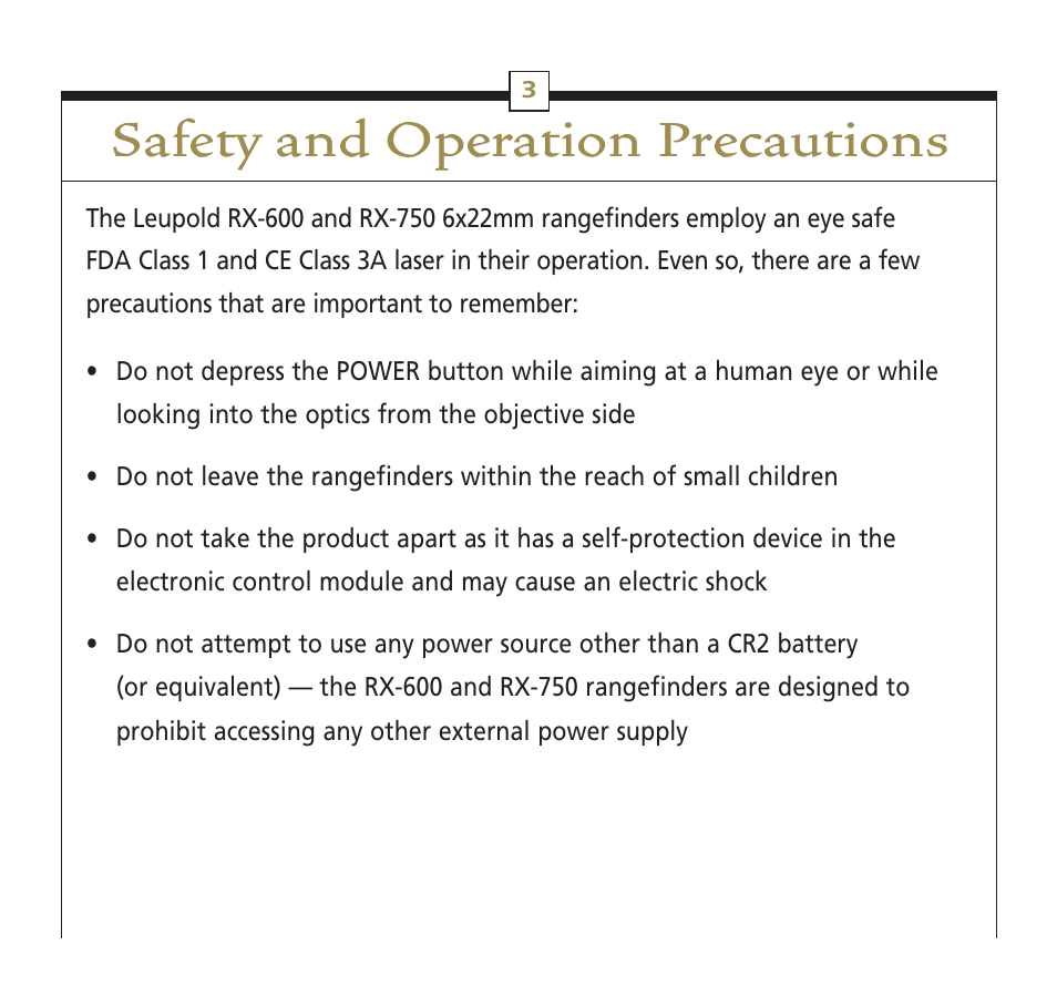 Safety and operation precautions | Leupold RX-600 Series User Manual | Page 6 / 35
