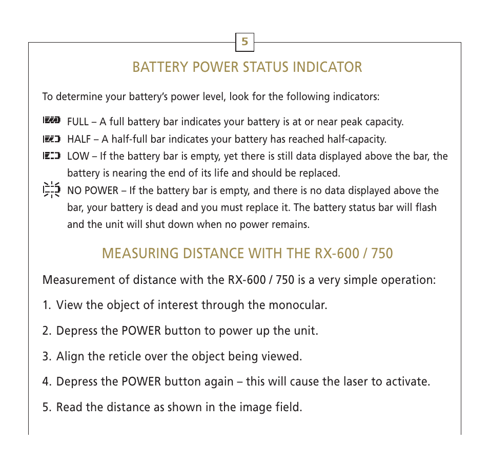 Battery power status indicator | Leupold RX-600 Series User Manual | Page 8 / 35