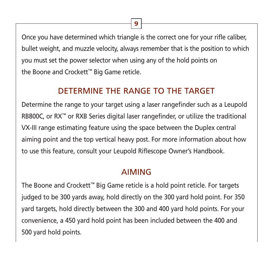 Determine the range to the target, Aiming | Leupold Hunting Equipment User Manual | Page 11 / 38