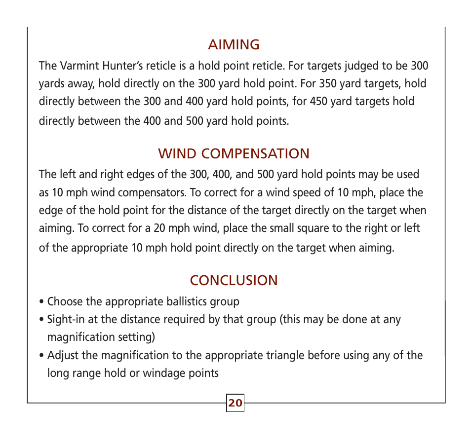 Aiming, Wind compensation, Conclusion | Leupold Hunting Equipment User Manual | Page 22 / 38