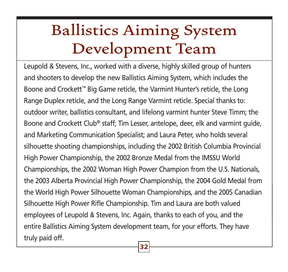 Ballistics aiming system development team | Leupold Hunting Equipment User Manual | Page 34 / 38