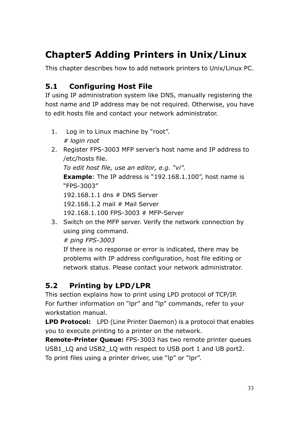 Chapter5 adding printers in unix/linux | LevelOne FPS-3003 User Manual | Page 33 / 75