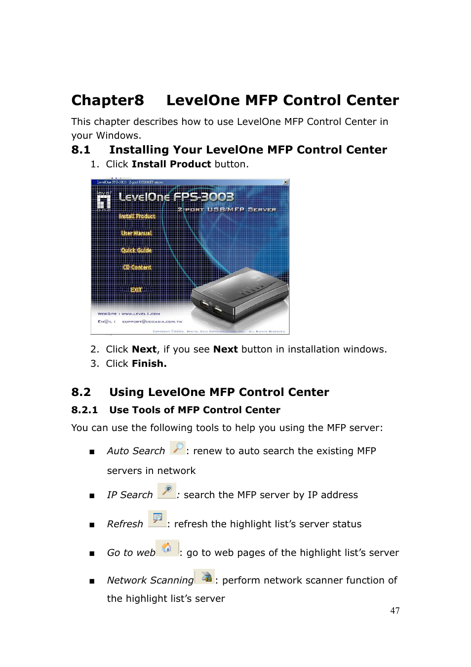 Chapter8 levelone mfp control center | LevelOne FPS-3003 User Manual | Page 47 / 75