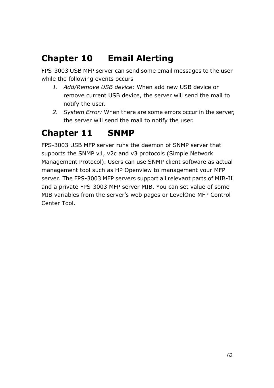 Chapter 10 email alerting, Chapter 11 snmp | LevelOne FPS-3003 User Manual | Page 62 / 75