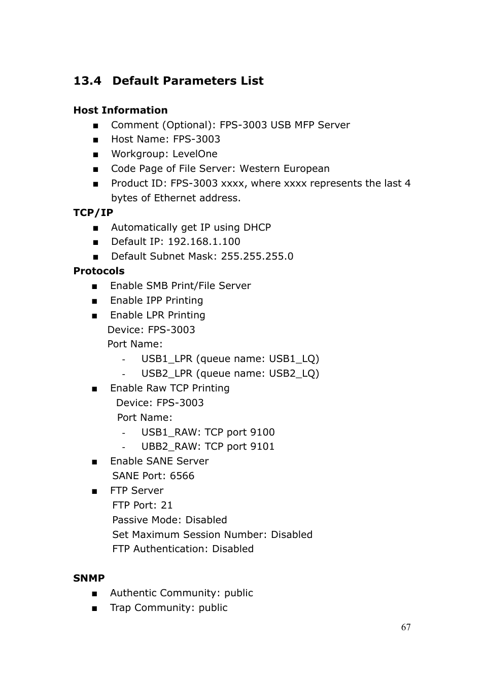 4 default parameters list | LevelOne FPS-3003 User Manual | Page 67 / 75