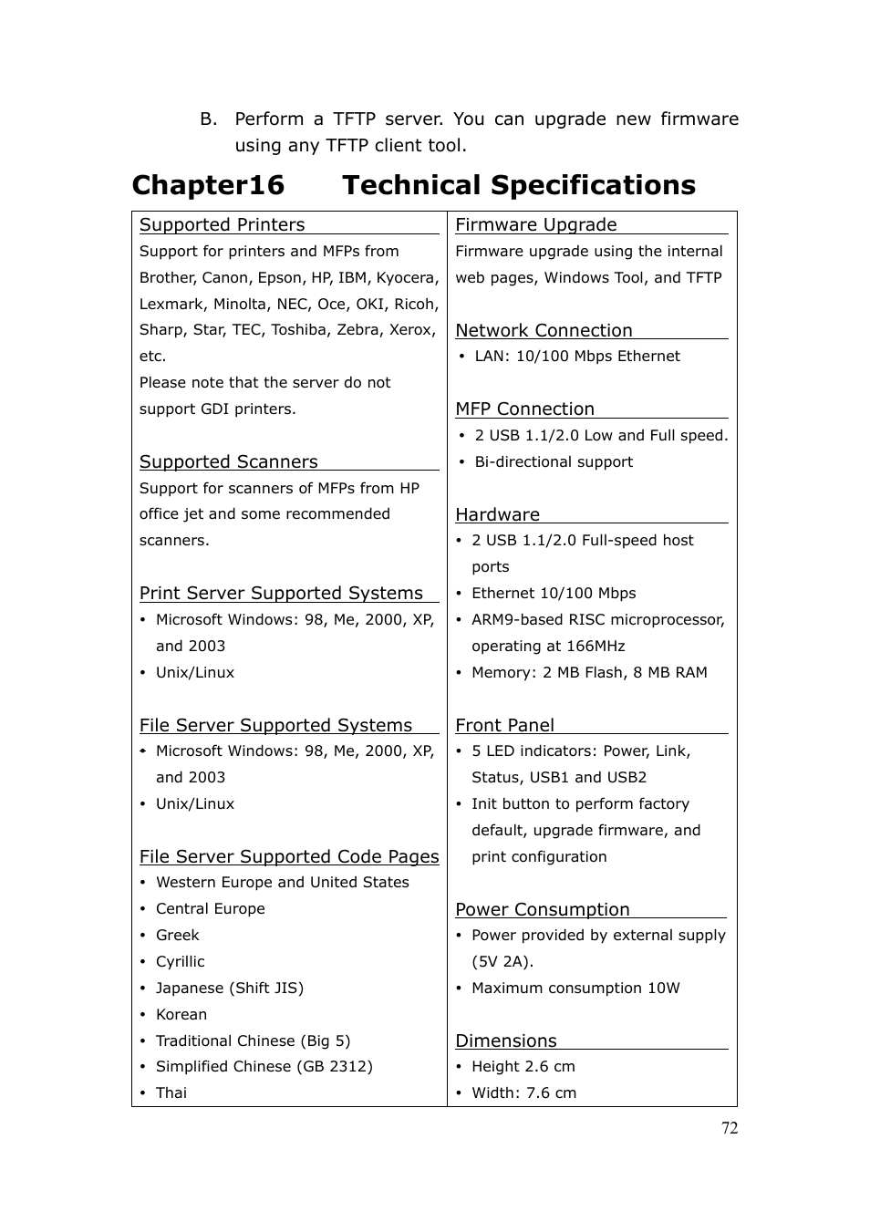 Chapter16 technical specifications | LevelOne FPS-3003 User Manual | Page 72 / 75