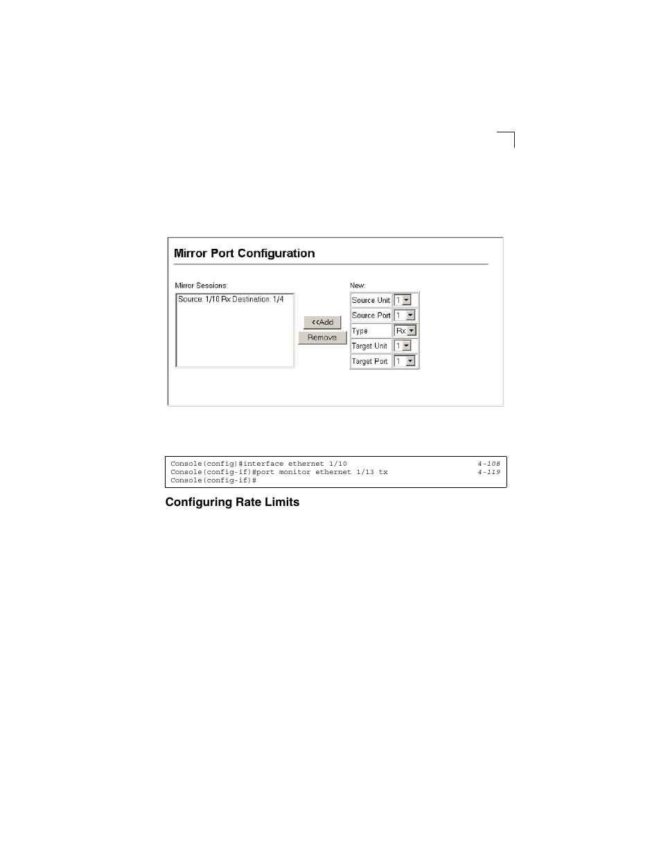 Configuring rate limits, Figure 3-49, Mirror port configuration | LevelOne GSW-2692 User Manual | Page 119 / 390