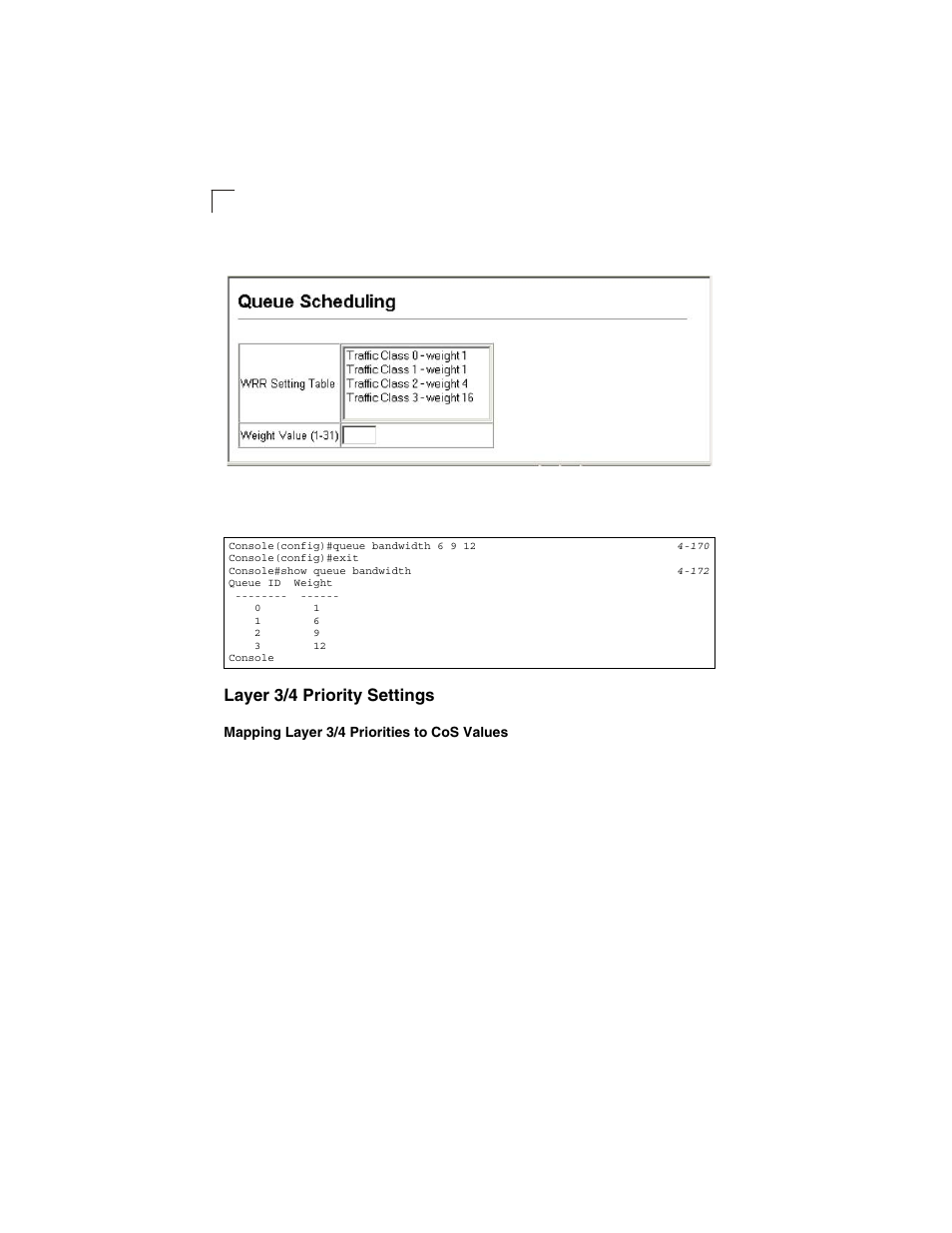 Layer 3/4 priority settings, Mapping layer 3/4 priorities to cos values, Figure 3-75 | Configuring queue scheduling | LevelOne GSW-2692 User Manual | Page 164 / 390