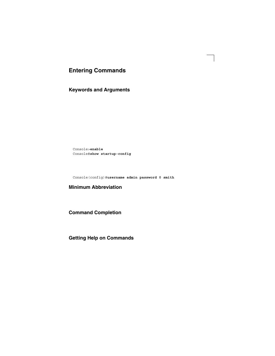 Entering commands, Keywords and arguments, Minimum abbreviation | Command completion, Getting help on commands | LevelOne GSW-2692 User Manual | Page 181 / 390
