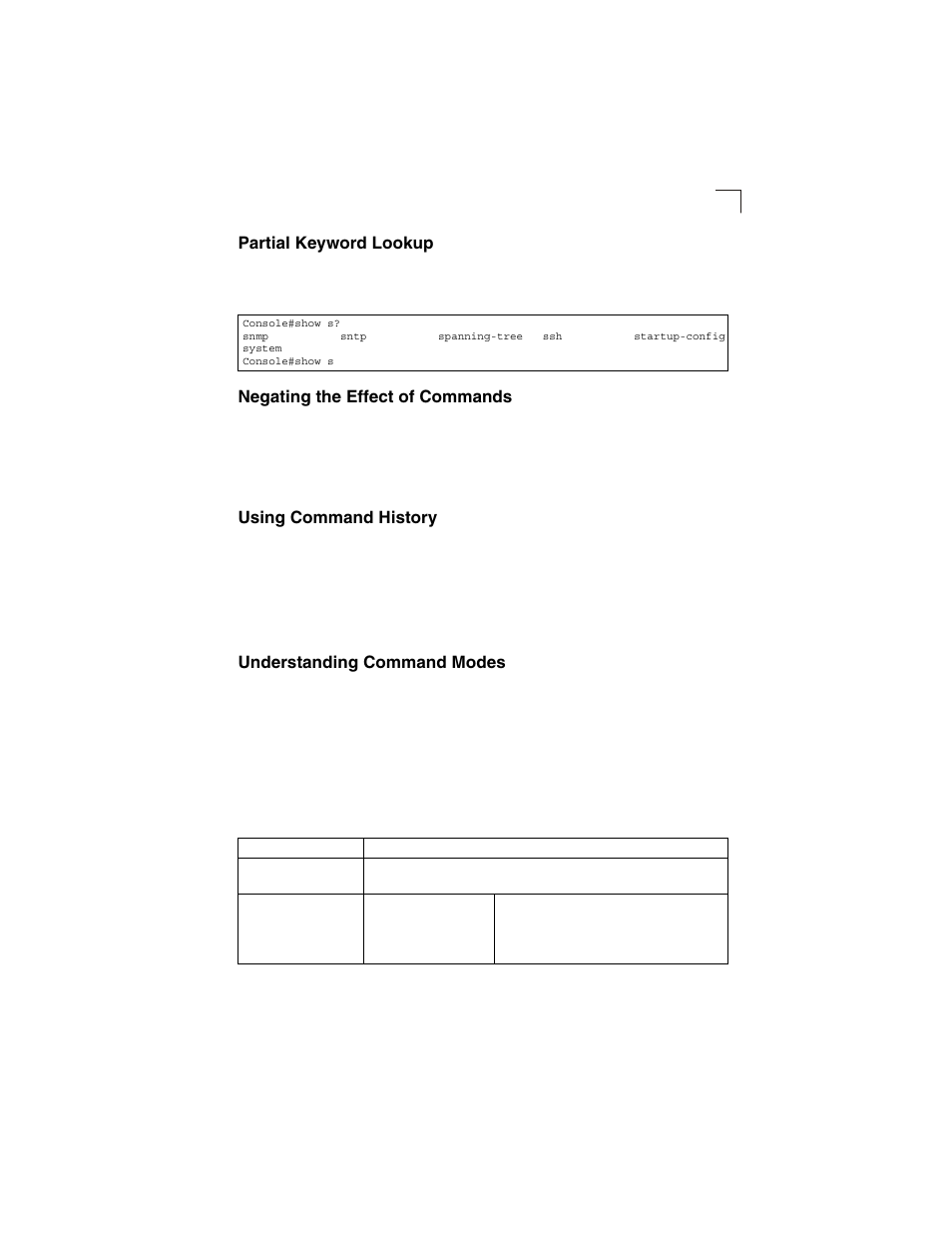 Partial keyword lookup, Negating the effect of commands, Using command history | Understanding command modes, Table 4-1, Command modes | LevelOne GSW-2692 User Manual | Page 183 / 390