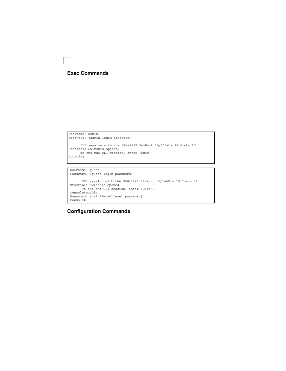 Exec commands, Configuration commands | LevelOne GSW-2692 User Manual | Page 184 / 390