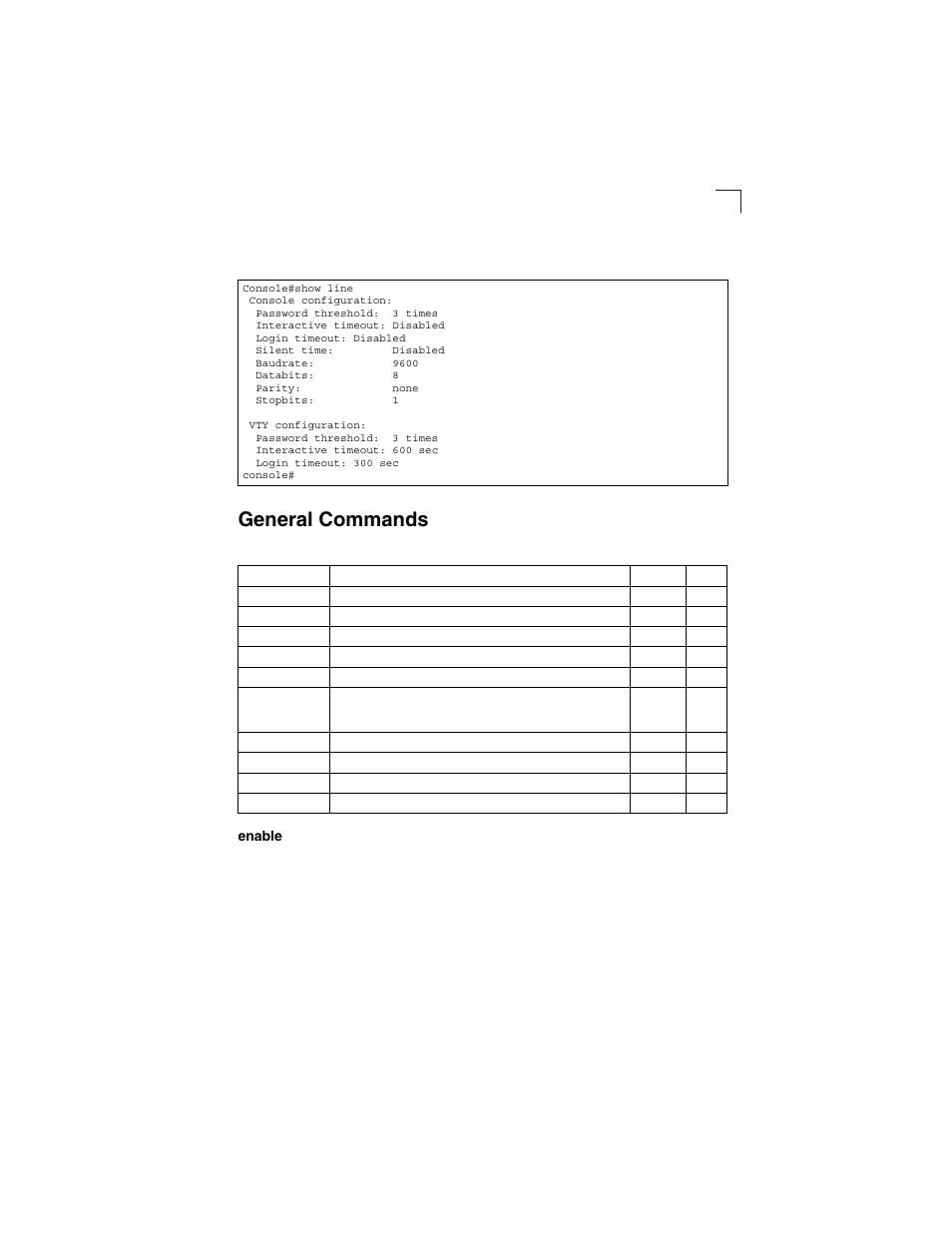 General commands, Enable, Enable 4-19 | Table 4-6 | LevelOne GSW-2692 User Manual | Page 197 / 390