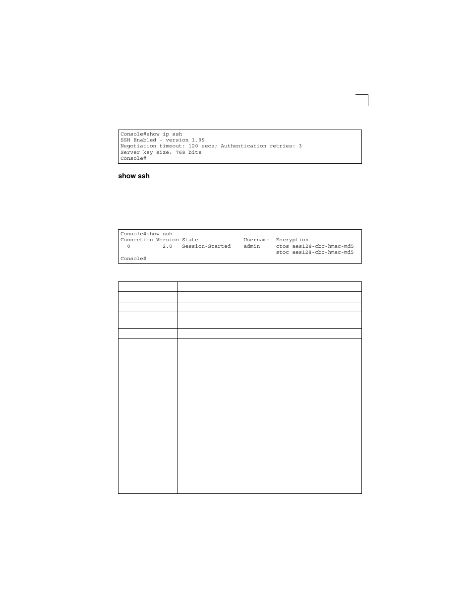 Show ssh, Table 4-16, Show ssh - display description | LevelOne GSW-2692 User Manual | Page 219 / 390