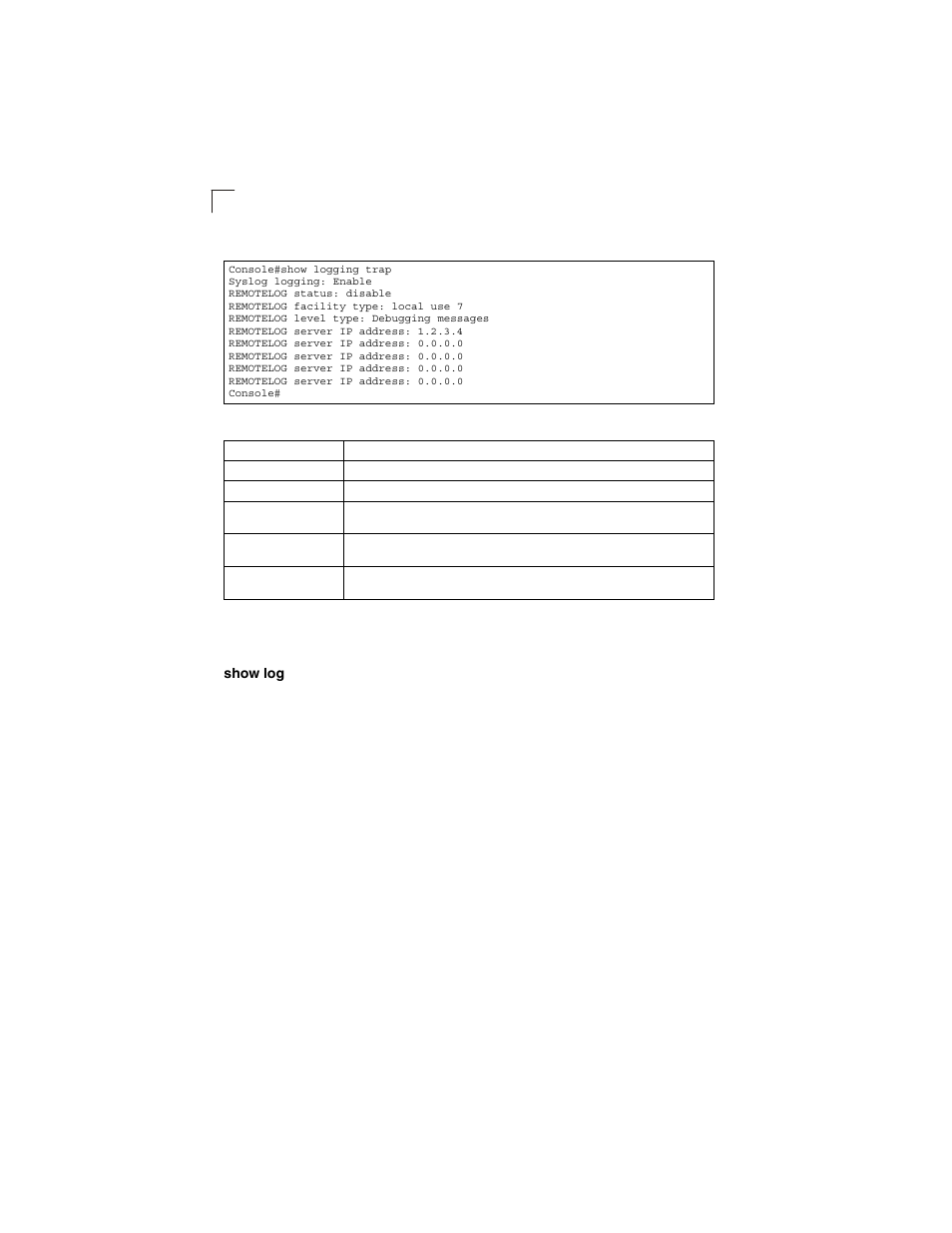Show log, Table 4-20, Show logging trap - display description | LevelOne GSW-2692 User Manual | Page 226 / 390