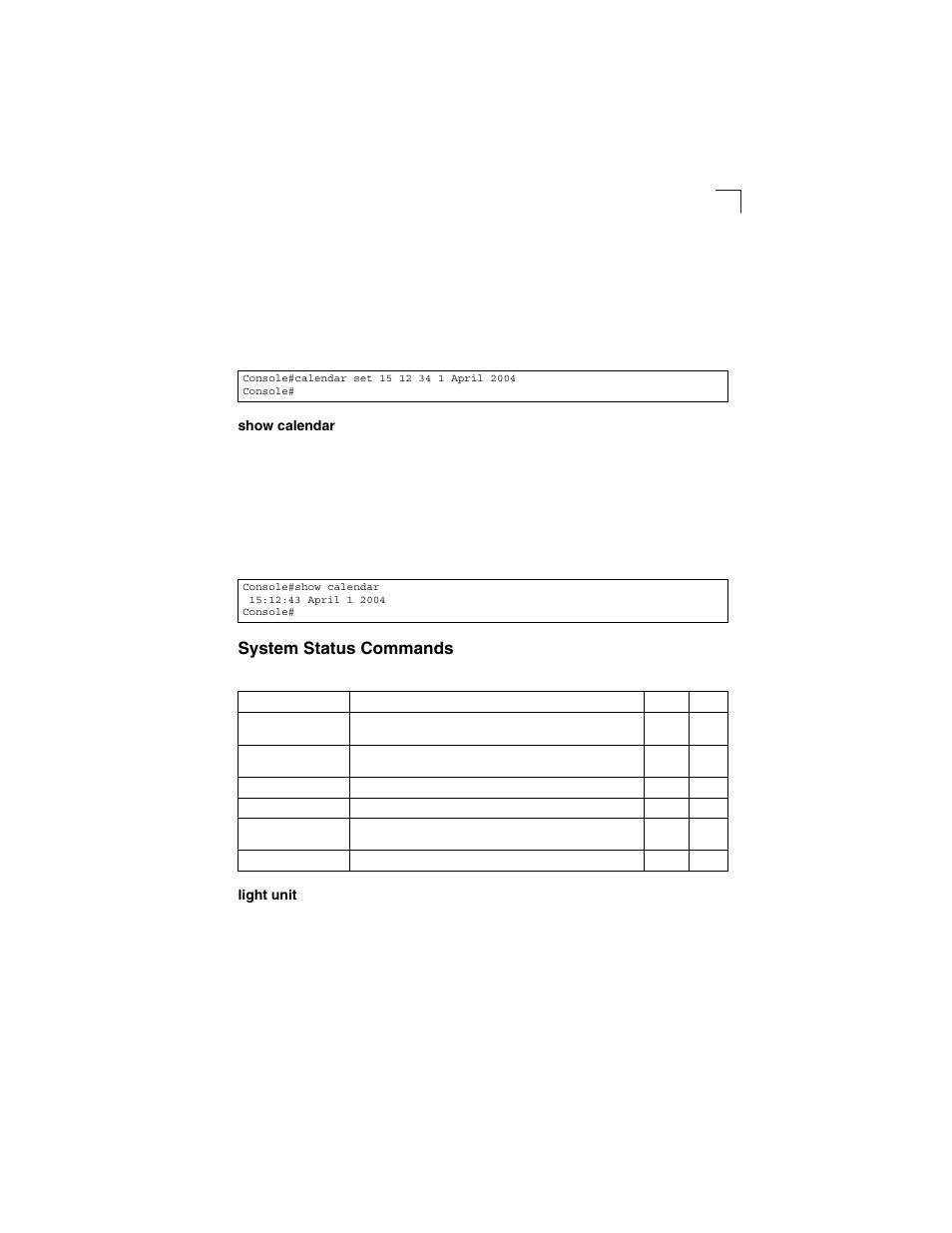 Show calendar, System status commands, Light unit | Table 4-23 | LevelOne GSW-2692 User Manual | Page 235 / 390