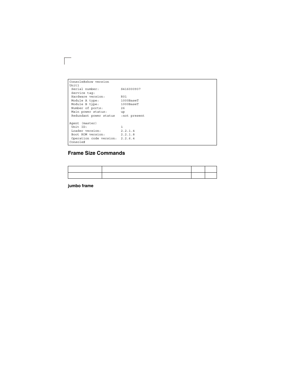 Frame size commands, Jumbo frame, Table 4-24 | LevelOne GSW-2692 User Manual | Page 242 / 390