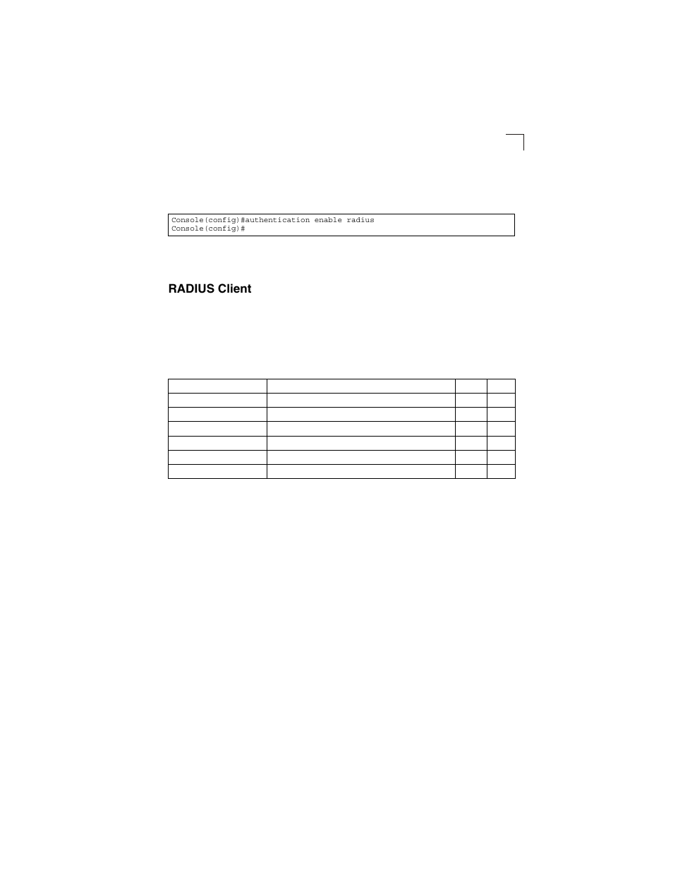 Radius client, Radius-server host, Table 4-29 | Radius client commands | LevelOne GSW-2692 User Manual | Page 251 / 390