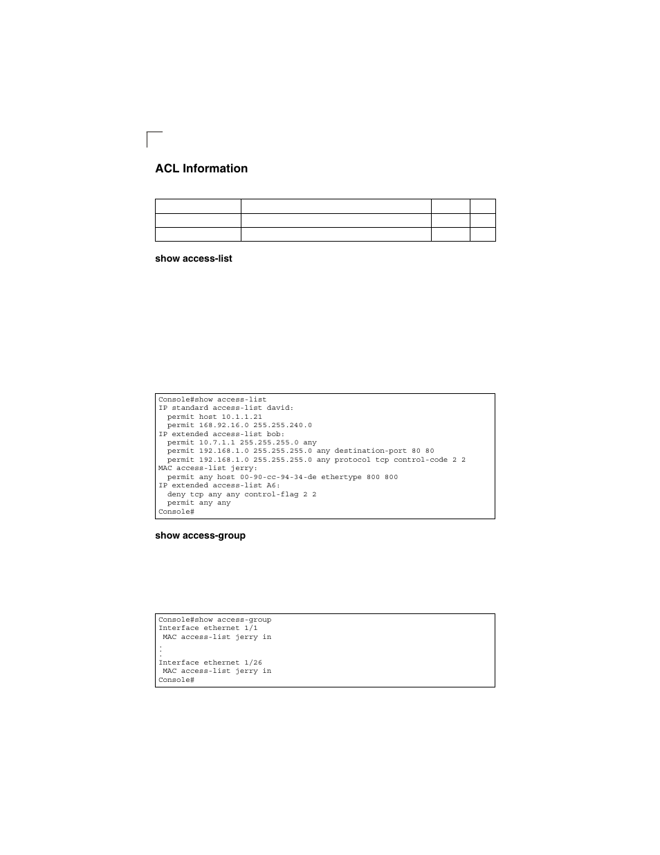 Acl information, Show access-list, Show access-group | Table 4-38 | LevelOne GSW-2692 User Manual | Page 280 / 390