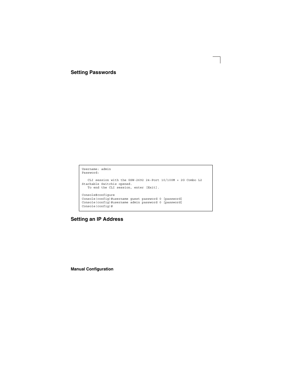 Setting passwords, Setting an ip address, Manual configuration | LevelOne GSW-2692 User Manual | Page 31 / 390