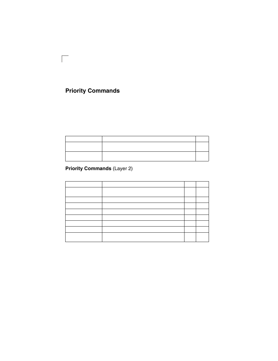 Priority commands, Priority commands (layer 2), Table 4-57 | Table 4-58 | LevelOne GSW-2692 User Manual | Page 346 / 390