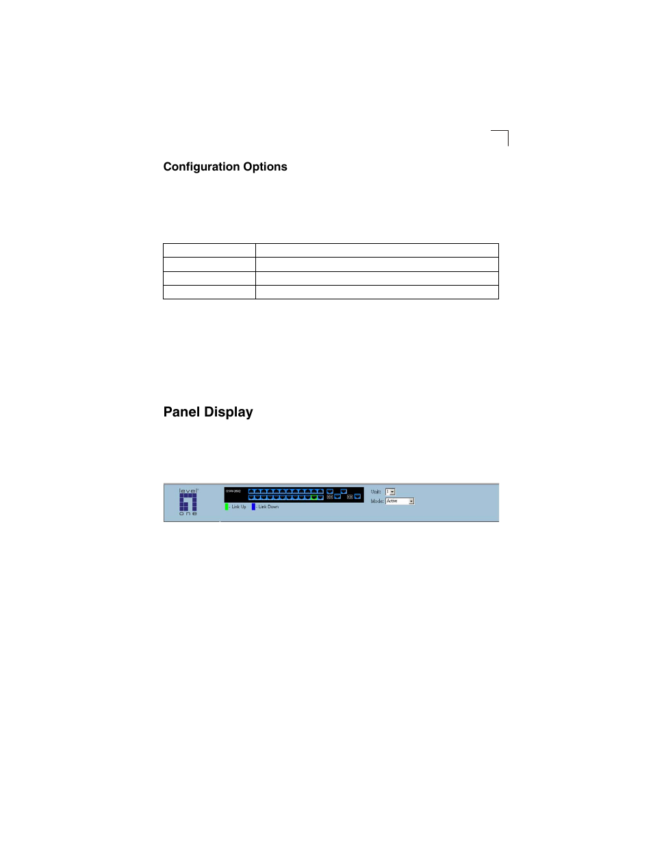 Configuration options, Panel display, Table 3-1 | Figure 3-2 | LevelOne GSW-2692 User Manual | Page 39 / 390