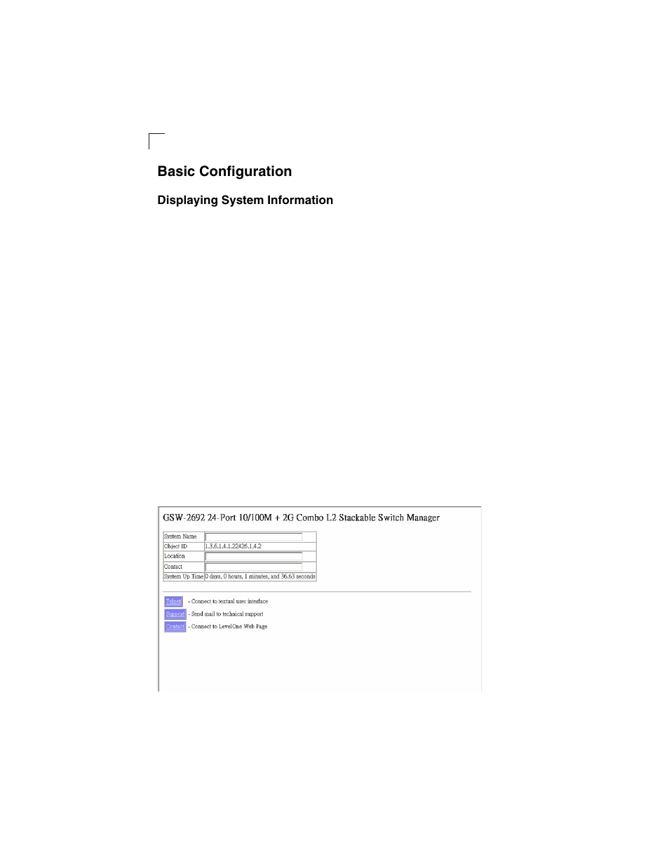 Basic configuration, Displaying system information, Figure 3-3 | System information | LevelOne GSW-2692 User Manual | Page 44 / 390