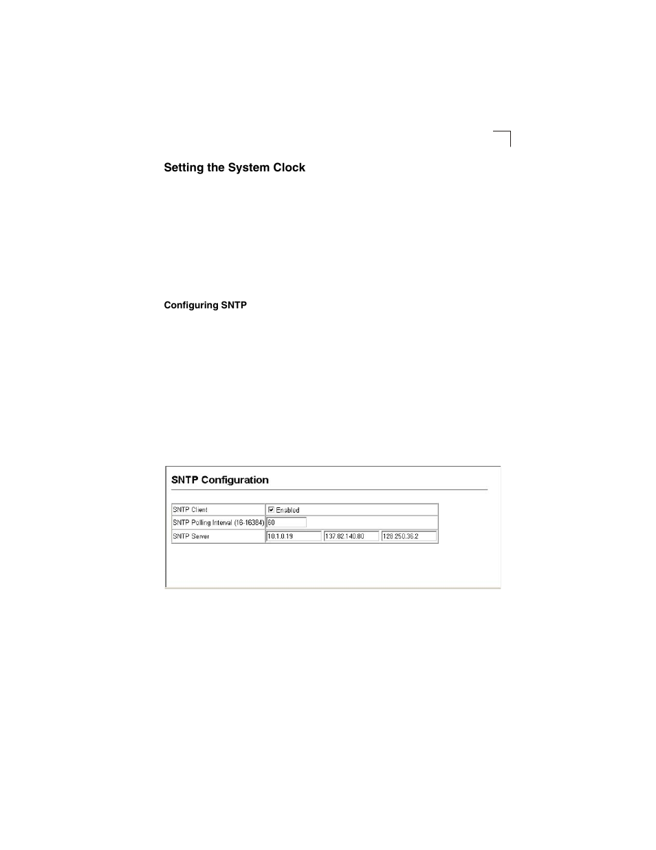 Setting the system clock, Configuring sntp, Figure 3-20 | Sntp configuration | LevelOne GSW-2692 User Manual | Page 67 / 390