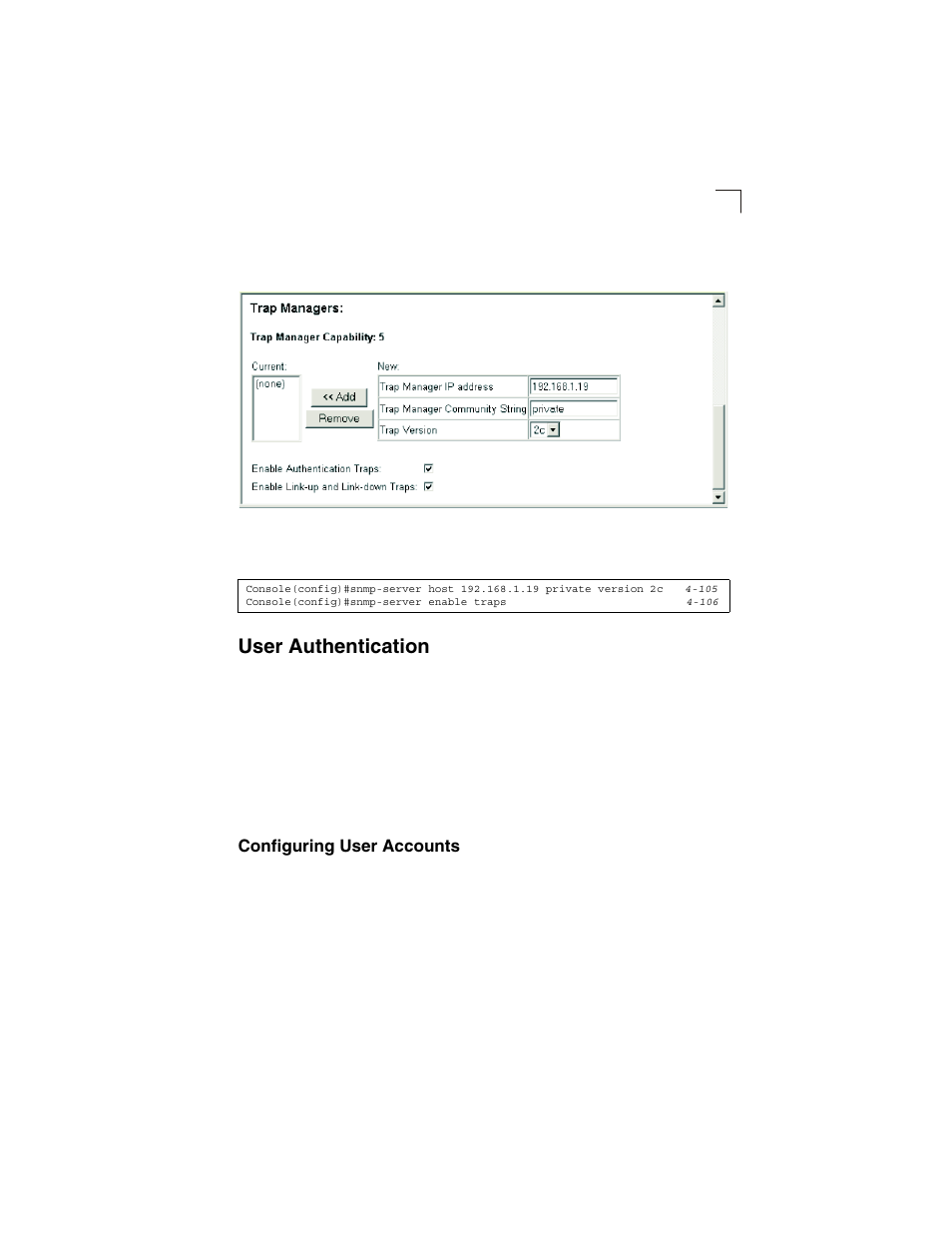 User authentication, Configuring user accounts, Figure 3-23 | Configuring ip trap managers | LevelOne GSW-2692 User Manual | Page 71 / 390