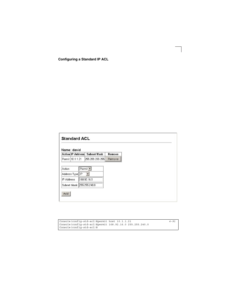 Configuring a standard ip acl, Figure 3-36, Acl configuration - standard ip | LevelOne GSW-2692 User Manual | Page 95 / 390