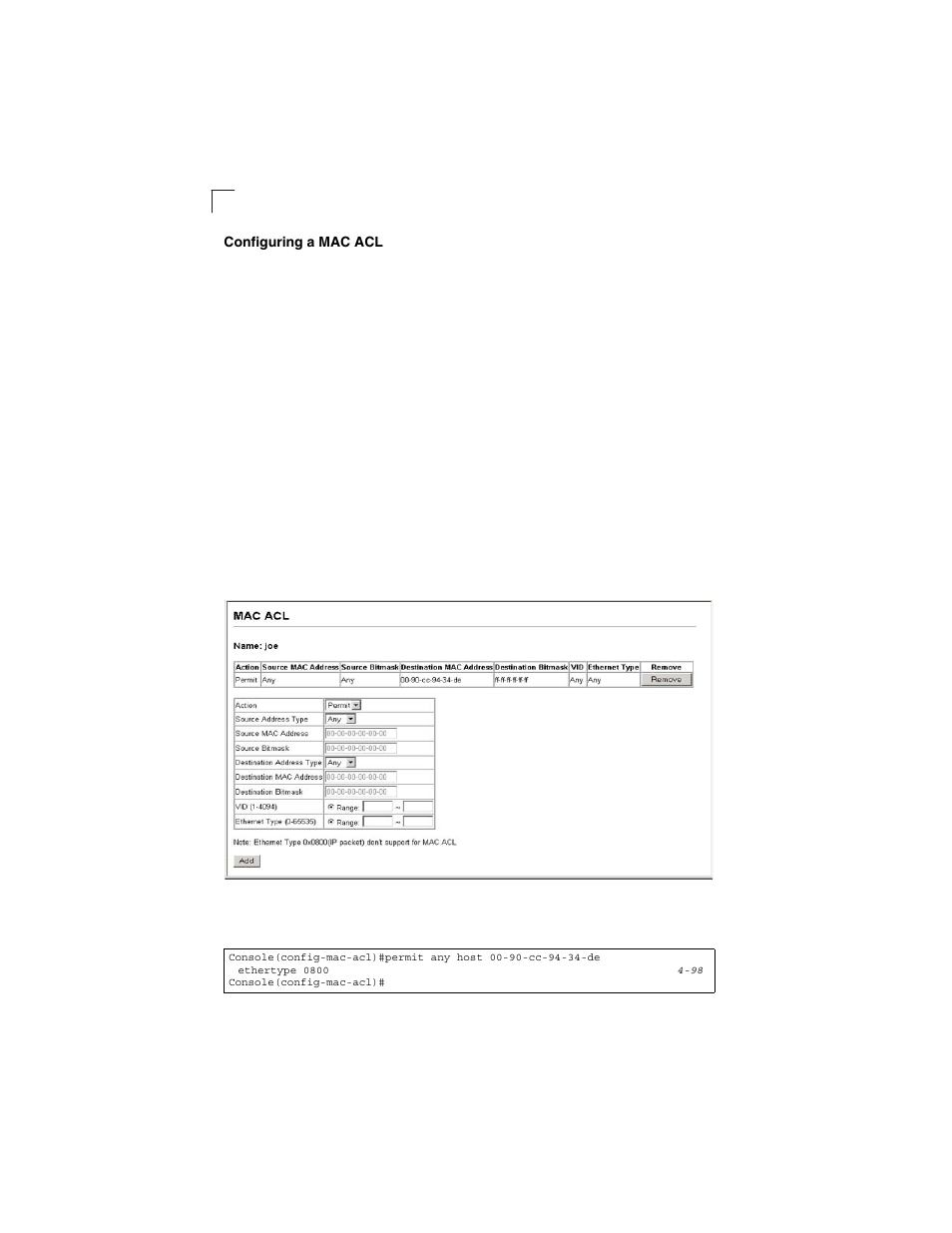 Configuring a mac acl, Figure 3-38, Acl configuration - mac | LevelOne GSW-2692 User Manual | Page 98 / 390