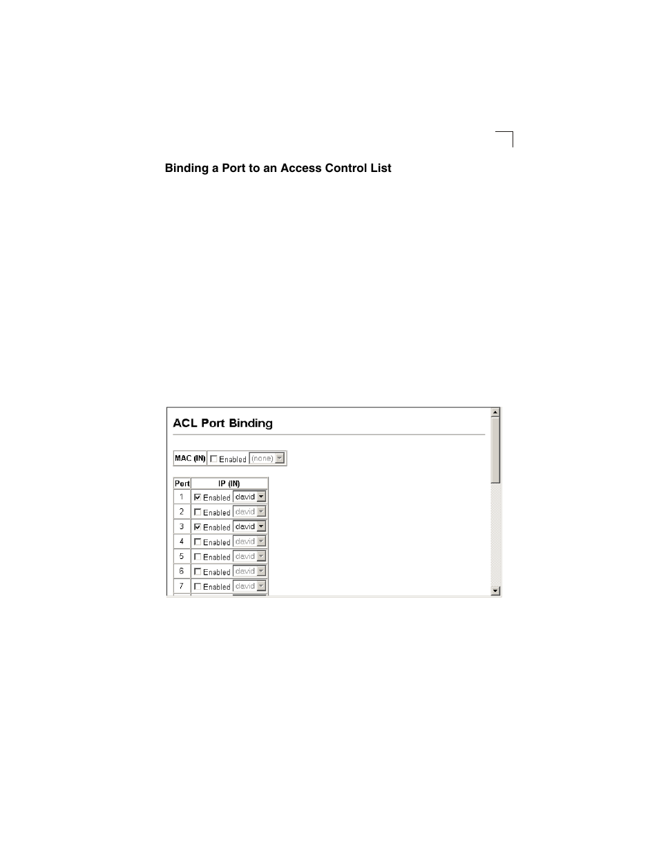 Binding a port to an access control list, Figure 3-39, Binding a port to an acl | LevelOne GSW-2692 User Manual | Page 99 / 390