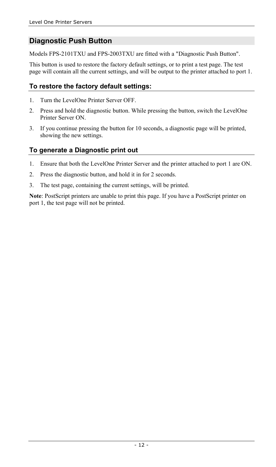 Diagnostic push button | LevelOne FPS-2013TXU User Manual | Page 15 / 101