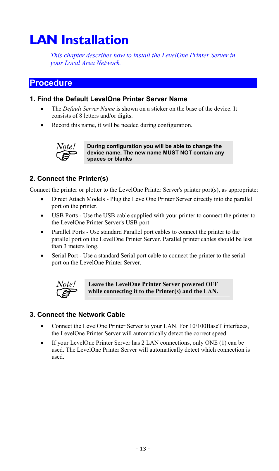 Lan installation, Procedure, Installation | LevelOne FPS-2013TXU User Manual | Page 16 / 101