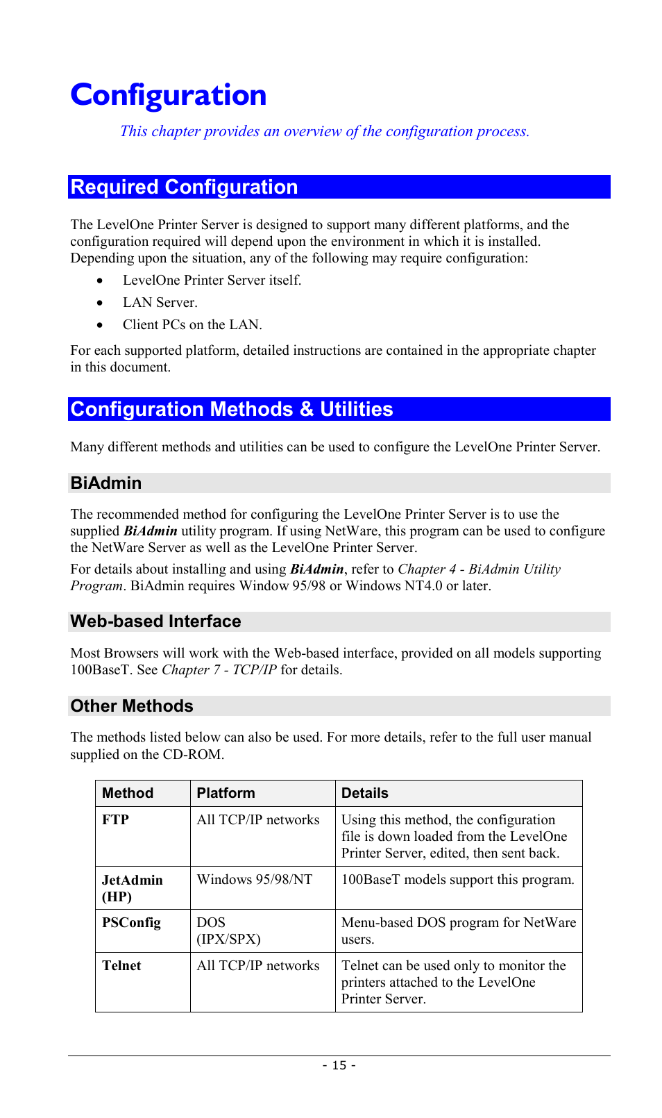 Configuration, Required configuration, Configuration methods & utilities | LevelOne FPS-2013TXU User Manual | Page 18 / 101