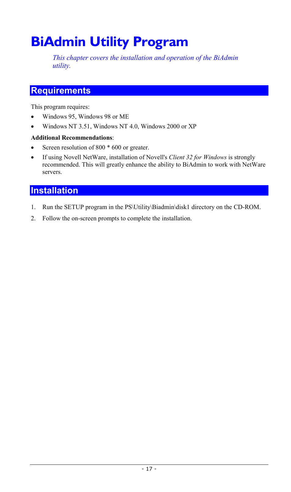 Biadmin utility program, Requirements, Installation | Biadmin, Utility, Program, Requirements installation | LevelOne FPS-2013TXU User Manual | Page 20 / 101