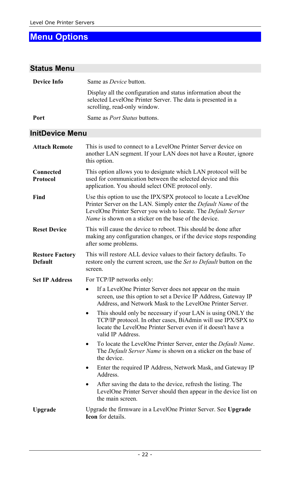 Menu options, Status menu, Initdevice menu | LevelOne FPS-2013TXU User Manual | Page 25 / 101