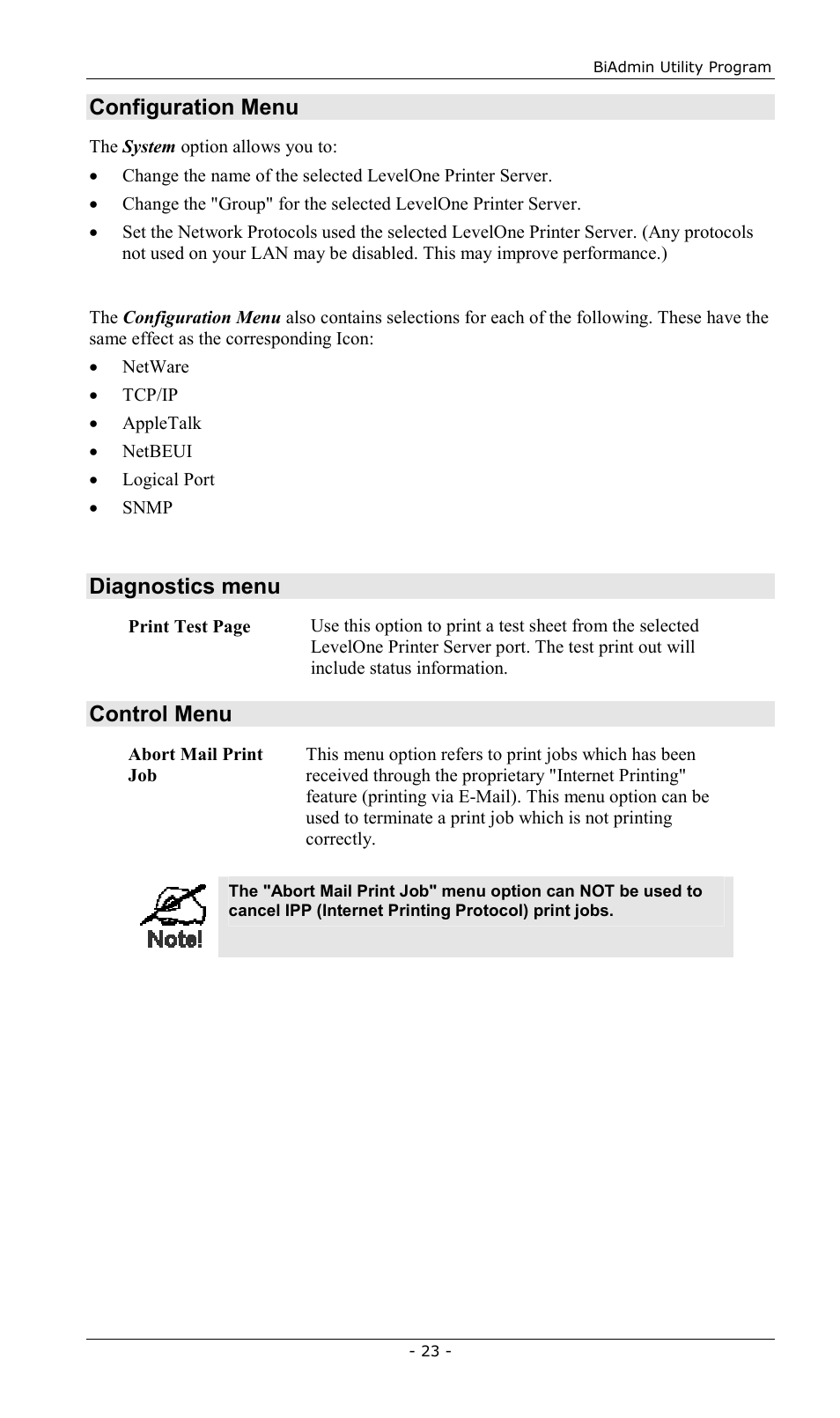 Configuration menu, Diagnostics menu, Control menu | LevelOne FPS-2013TXU User Manual | Page 26 / 101