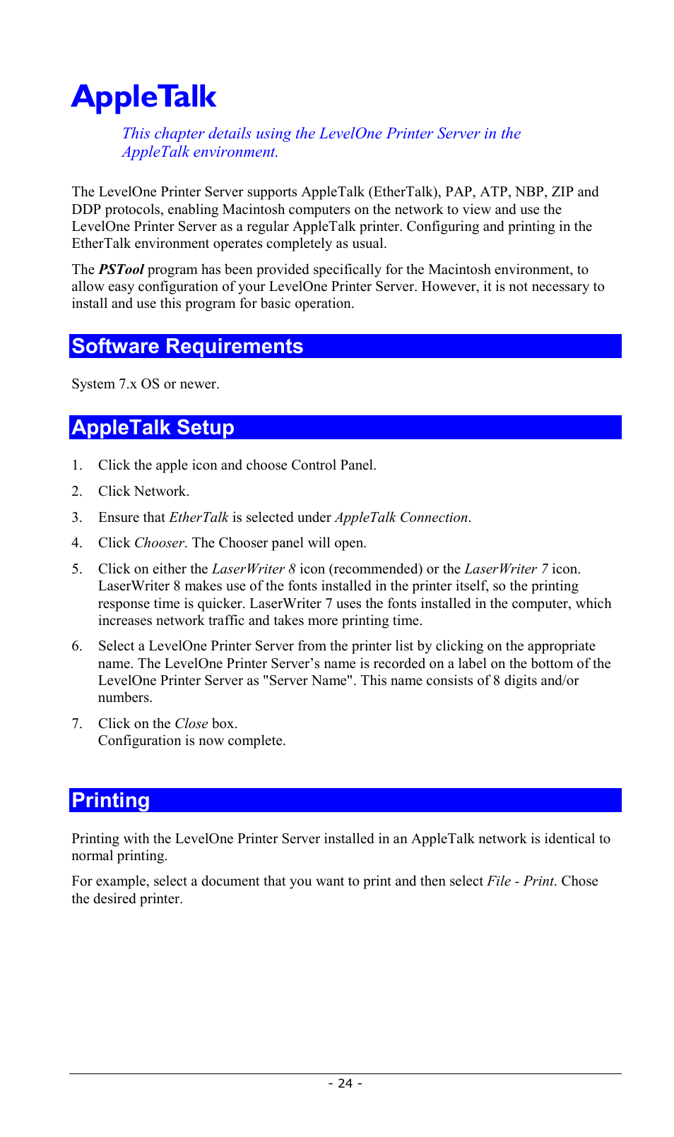 Appletalk, Software requirements, Appletalk setup | Printing, Software requirements appletalk setup printing | LevelOne FPS-2013TXU User Manual | Page 27 / 101