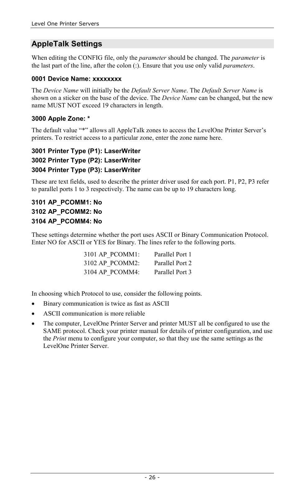 Appletalk settings | LevelOne FPS-2013TXU User Manual | Page 29 / 101