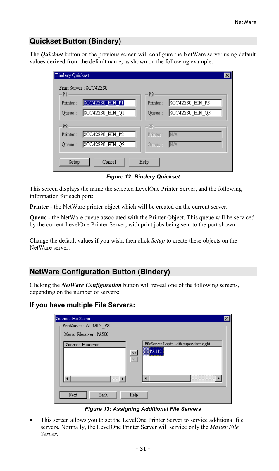 Quickset button (bindery), Netware configuration button (bindery) | LevelOne FPS-2013TXU User Manual | Page 34 / 101