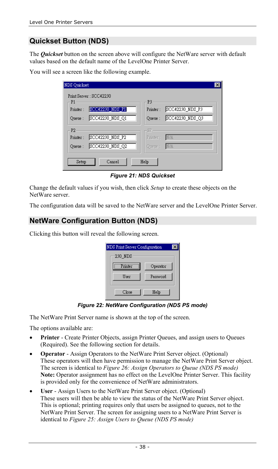 Quickset button (nds), Netware configuration button (nds) | LevelOne FPS-2013TXU User Manual | Page 41 / 101