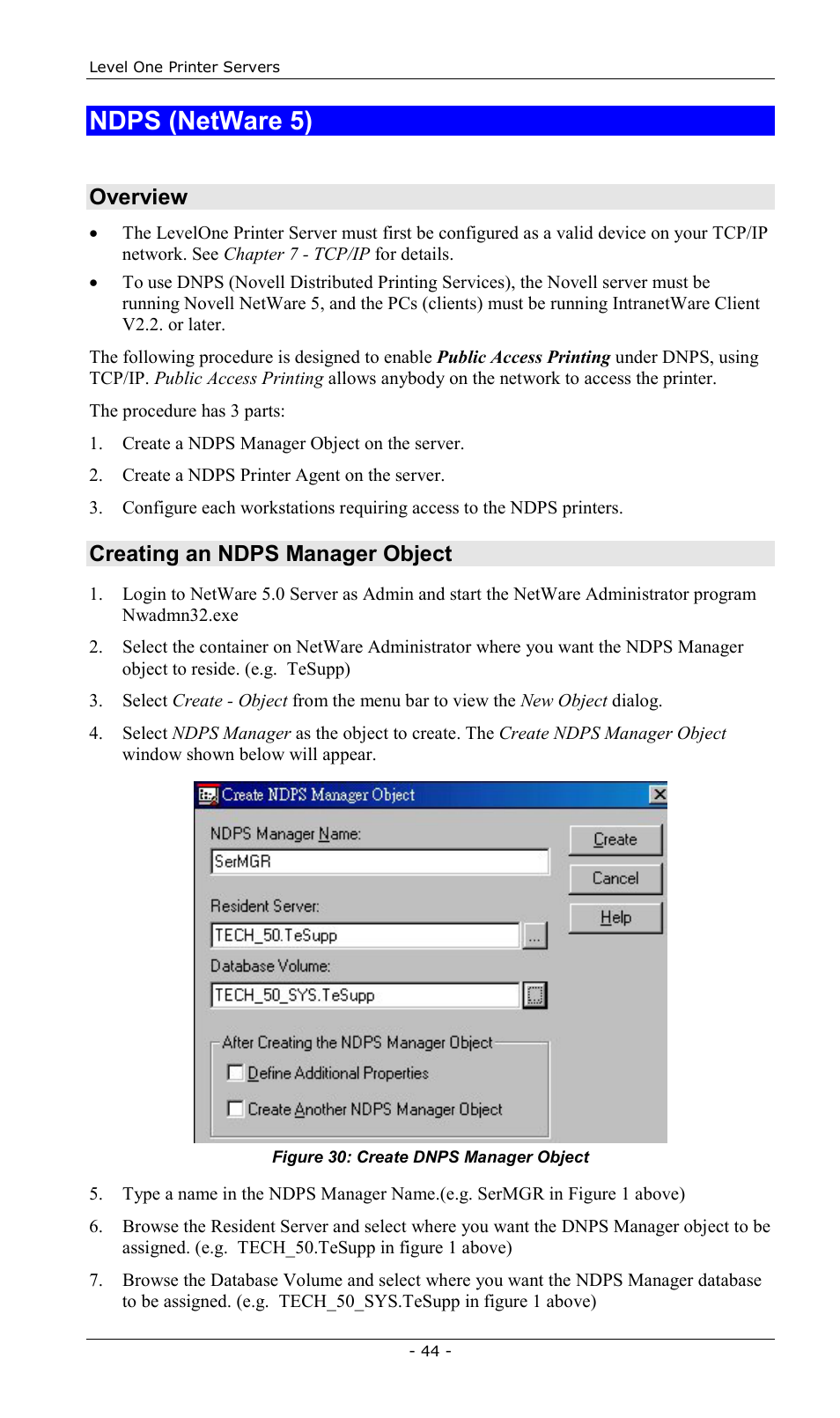 Ndps (netware 5), Overview, Creating an ndps manager object | LevelOne FPS-2013TXU User Manual | Page 47 / 101