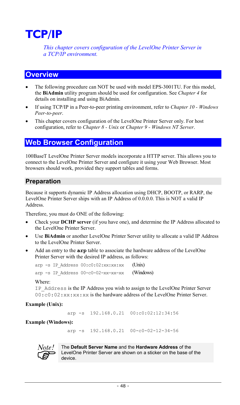 Tcp/ip, Overview, Web browser configuration | Overview web browser configuration, Preparation | LevelOne FPS-2013TXU User Manual | Page 51 / 101