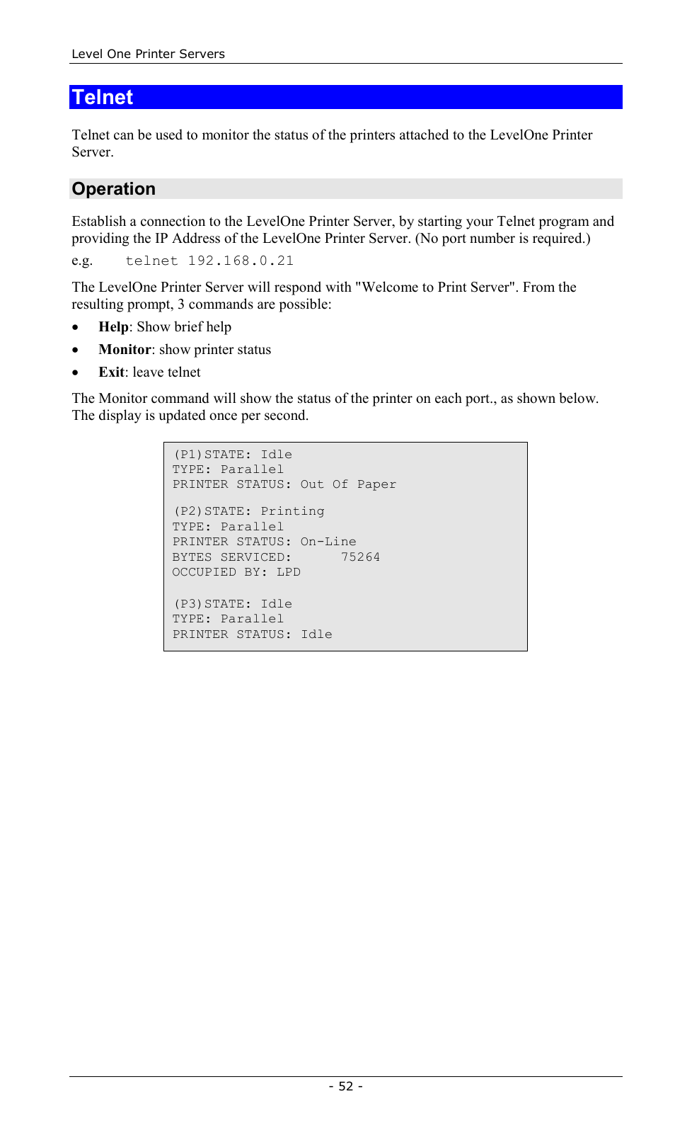 Telnet, Operation | LevelOne FPS-2013TXU User Manual | Page 55 / 101